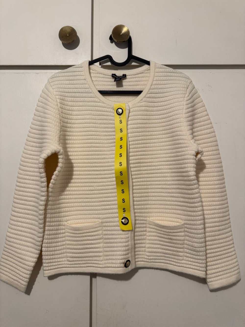 Hilary Radley Cream Knit Jacket with Yellow Trim